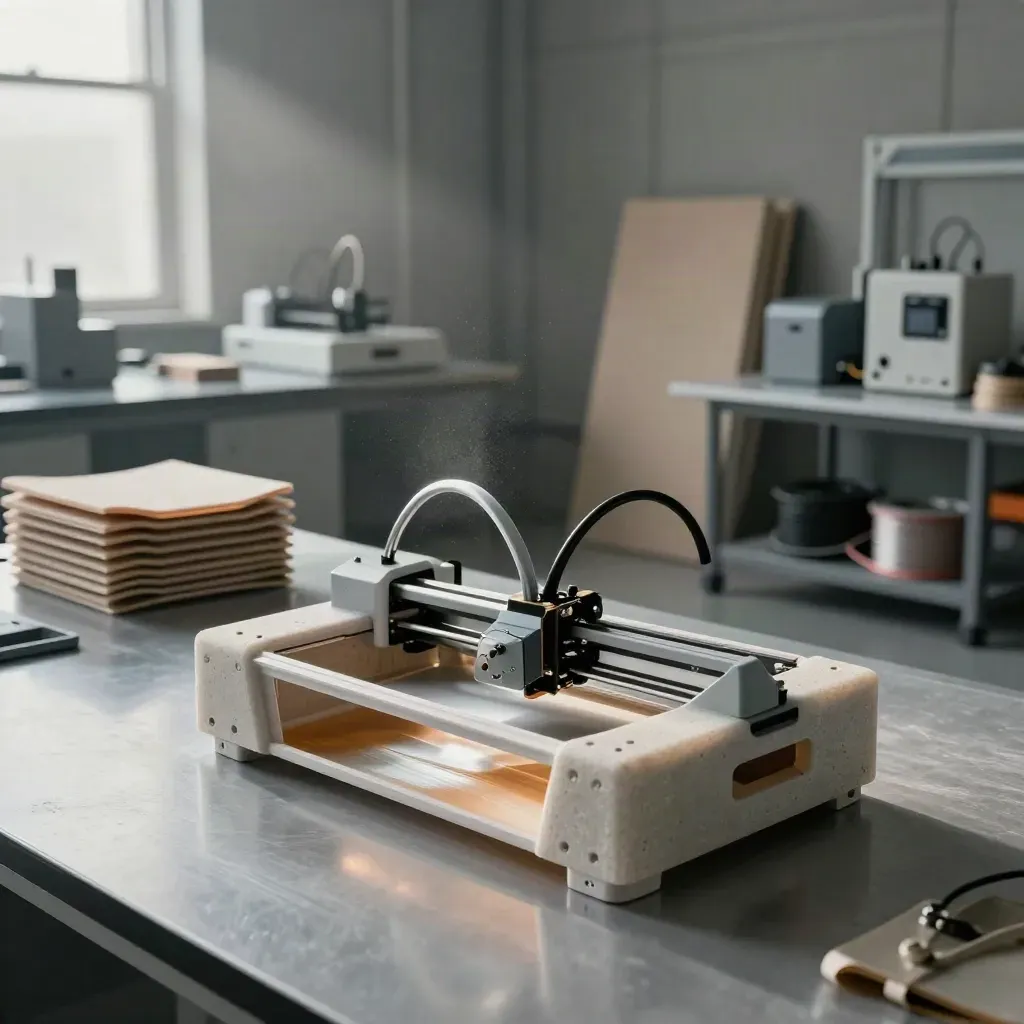Stampante 3D che deposita l’ultimo strato di un prototipo in un coworking industriale.