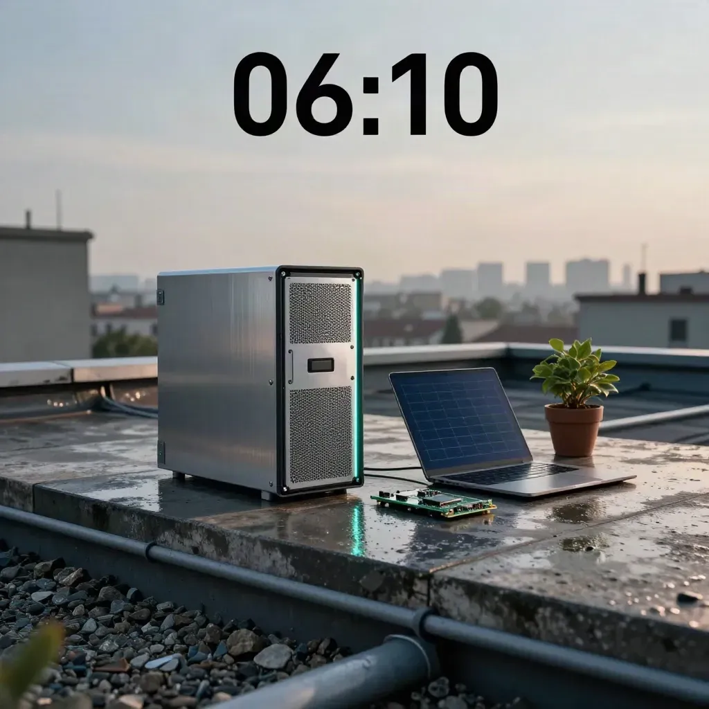 Tetto milanese all’alba con server, modulo AI, laptop chiuso, pannello solare e pianta bagnati.