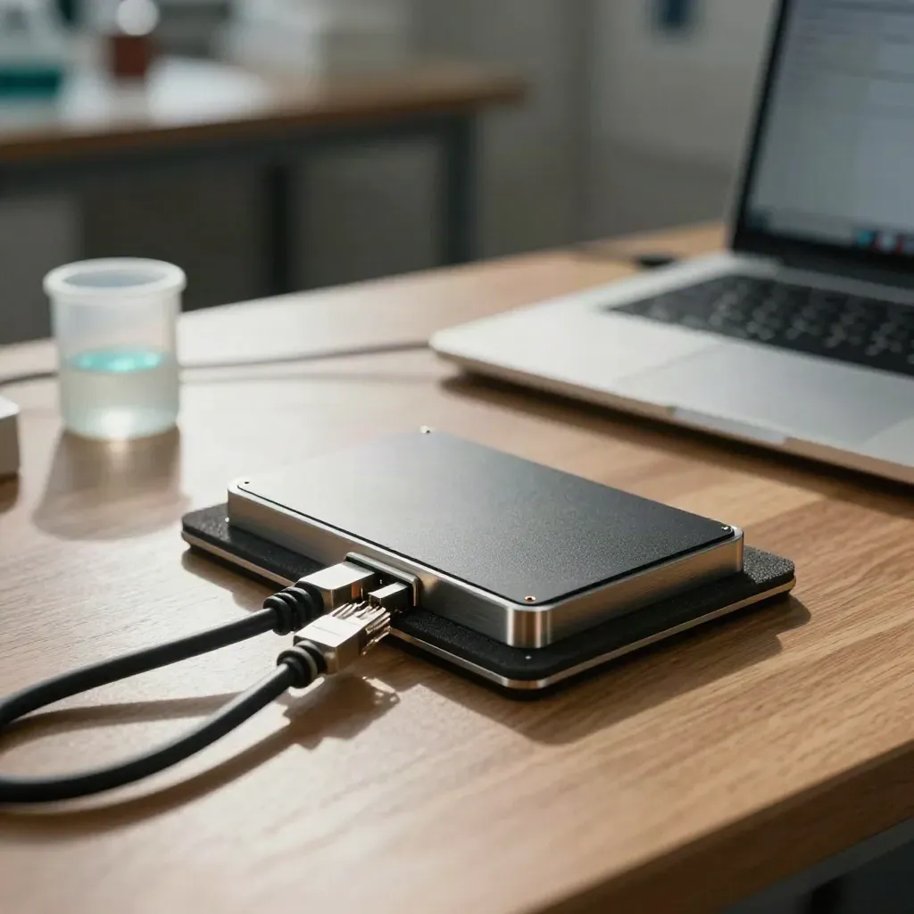 Banco di ricerca AI con chip, sensore, cavo ethernet e laptop spento in luce calda.