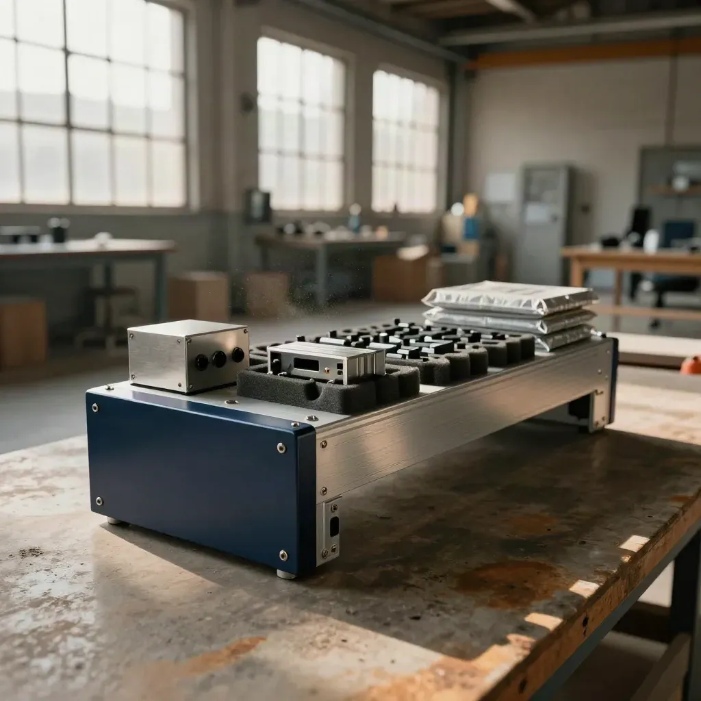 Banco prototipi in loft industriale con scocche 3D, alimentatori e packaging chiuso
