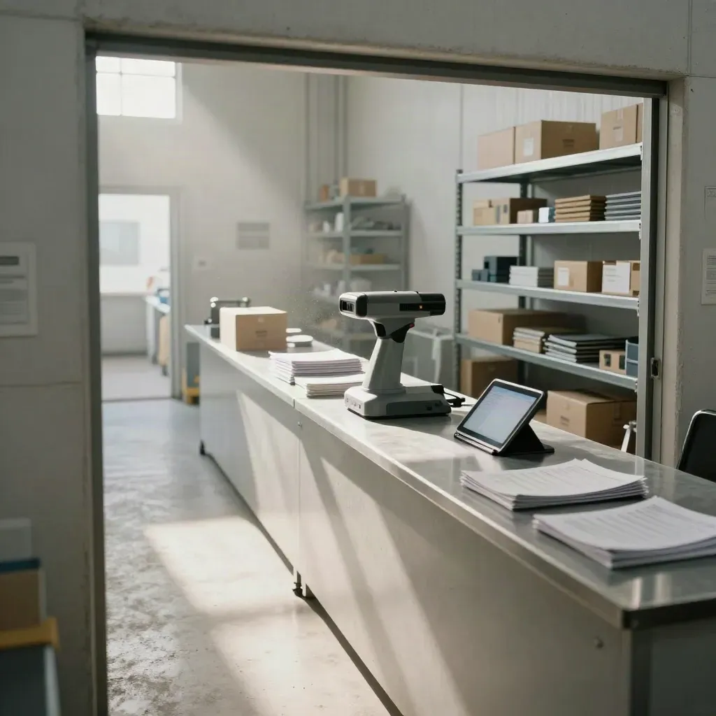 Ufficio logistico in fabbrica con scanner, tablet spento e scaffali metallici in luce mattutina