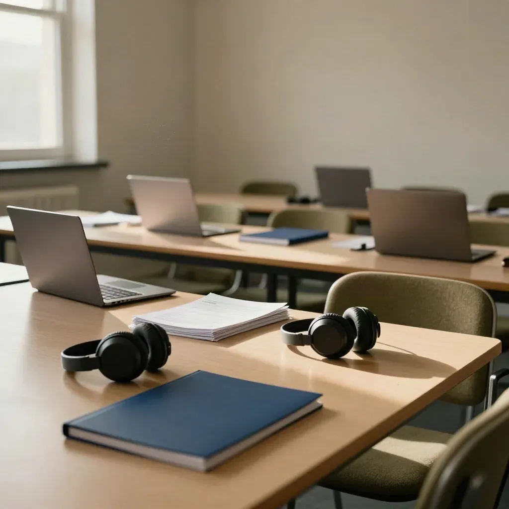 Aula formazione vuota con laptop chiusi, cuffie e moduli ordinati, luce morbida al tramonto.