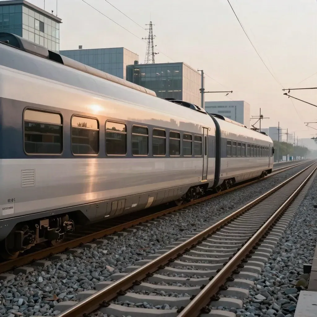 Treno veloce in un hub europeo tra binari e ricerca, luce del tardo pomeriggio.