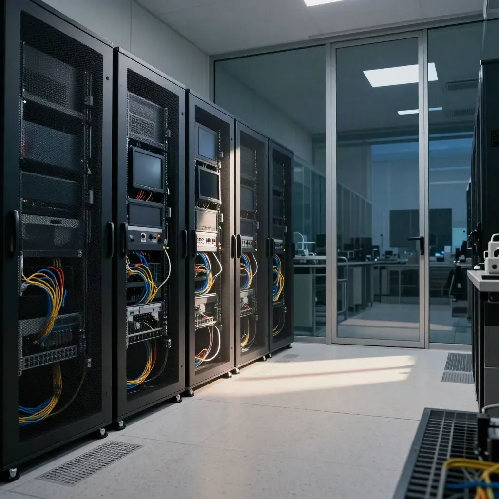 Corridoio di data center con rack spenti, vetro laterale e luce obliqua nella nebbia.