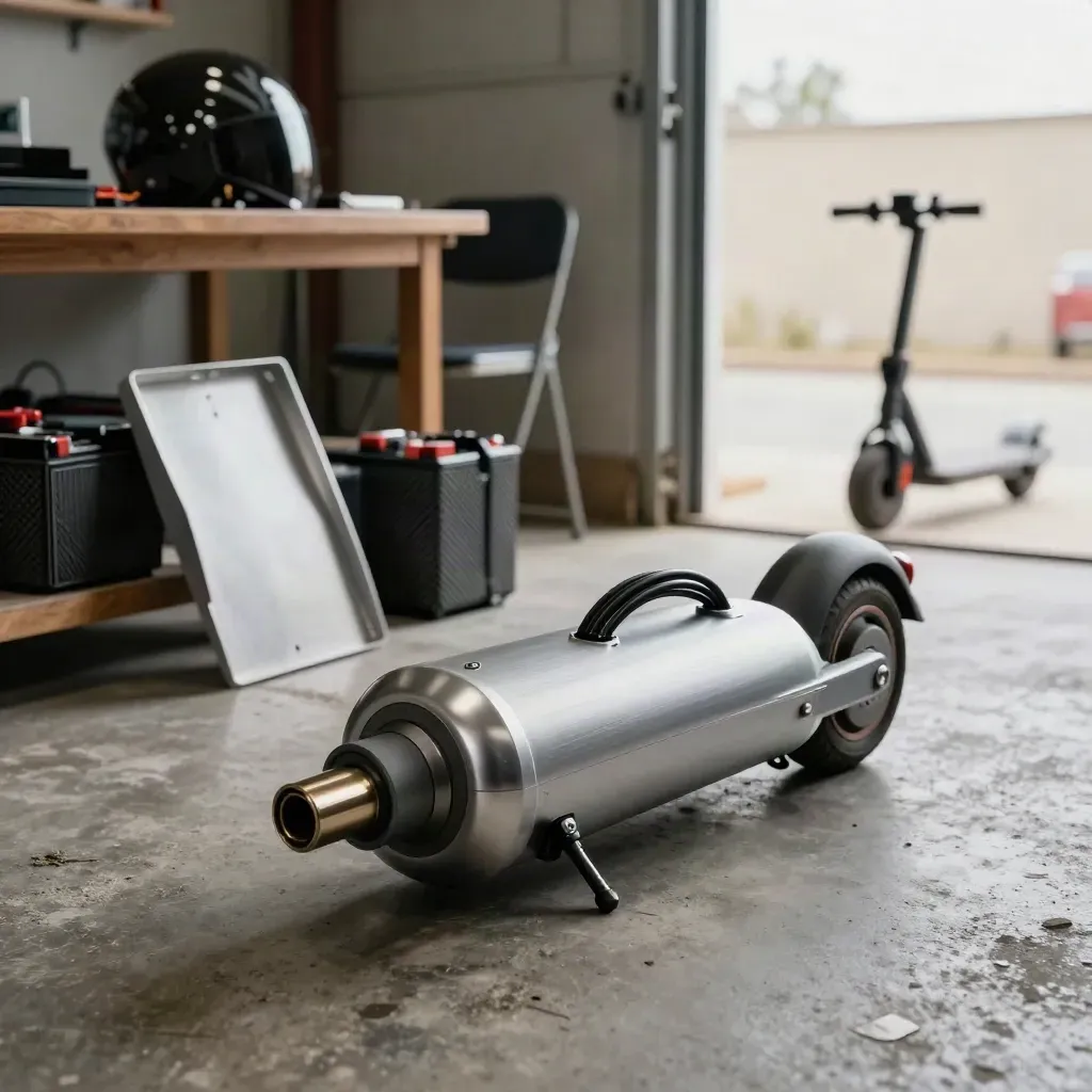 Scooter elettrico smontato in garage-lab, prototipo pronto accanto al portone aperto.