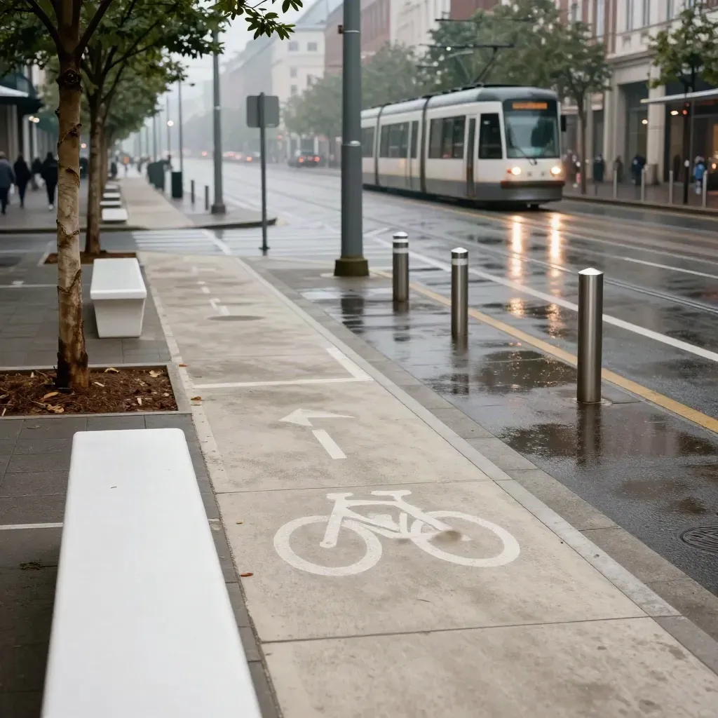 Incrocio urbano con ciclabile, arredi nuovi, alberi giovani e tram su asfalto bagnato.