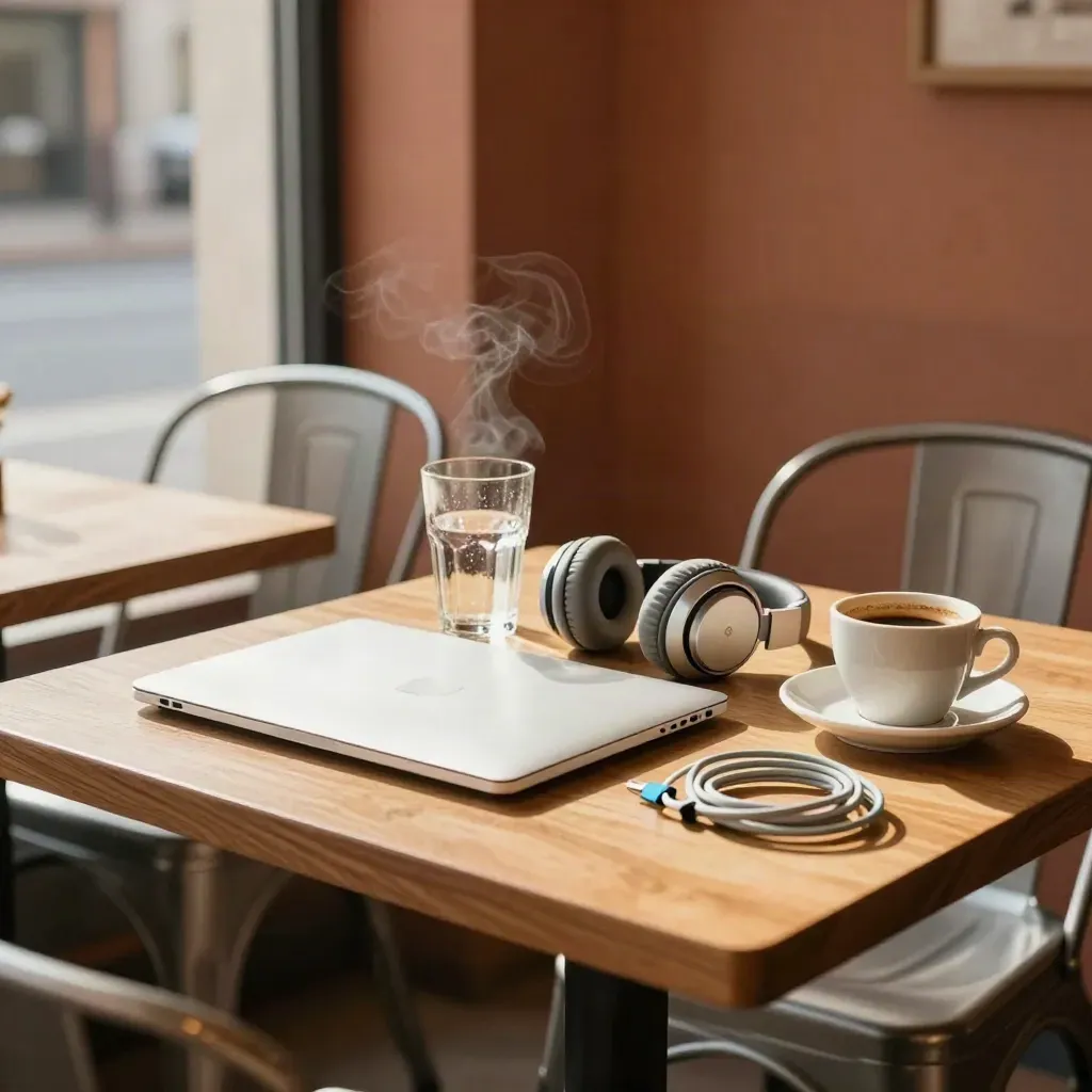 Angolo coworking-caffè con laptop chiuso, cuffie, bicchiere e cavi sul tavolo.