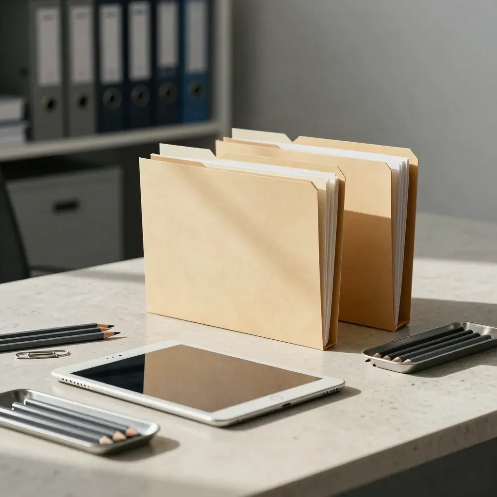 Fascicoli chiusi e tablet spento su una superficie chiara, con matite e graffette.