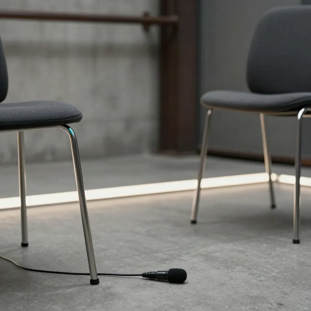 Set video e interviste con microfono lavalier, sedia singola e parete industriale sfocata.
