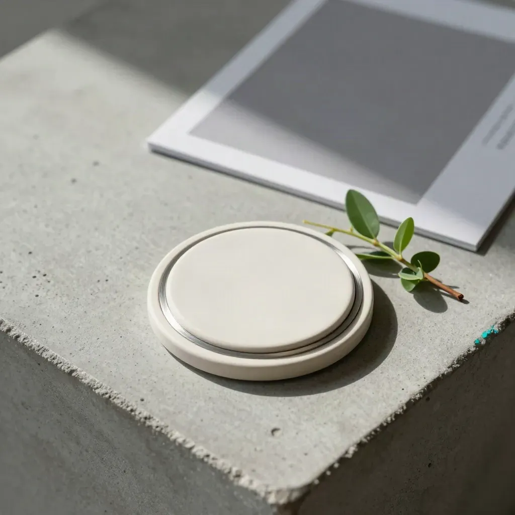 Chip AI in ceramica con anelli metallici e rametto verde su cemento, vista dall’alto.