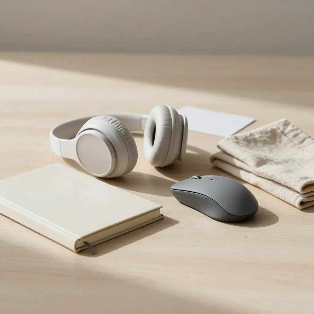 Cuffie wireless, mouse ergonomico e notebook su legno chiaro con panno di lino.