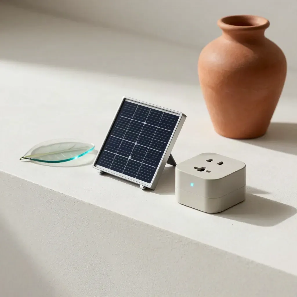 Modulo solare, spina smart, foglia di vetro e vaso in terracotta su fondo chiaro.